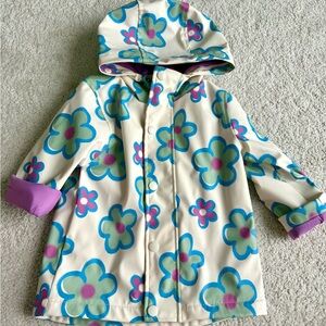 Joe Fresh White Hooded Raincoat with Blue, Green & Purple Floral Print